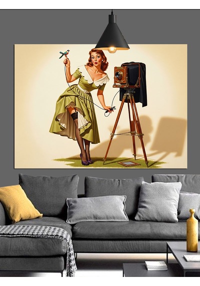 Vintage Fotoğrafçı Kadın Kamera Dekoratif Kanvas - Mdf Ahşap Tablo