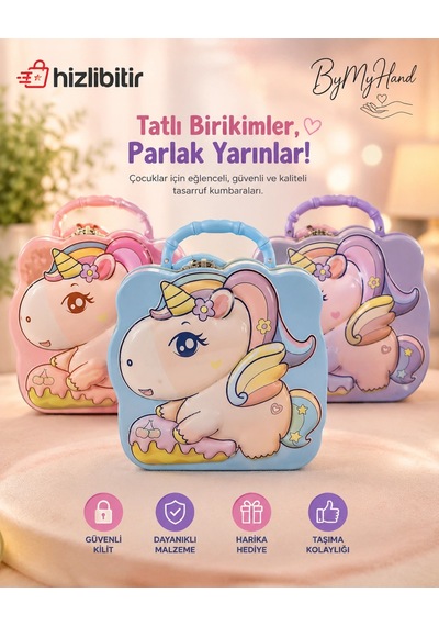 Bymyhand Metal Mavi Kilitli Unicorn Temalı Kulplu Kumbara 17 X 16cm