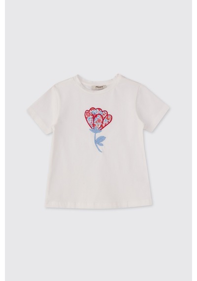 Made With Liberty Fabric Liberty Kumaş Kız Çocuk Nakışlı Tişört Krem