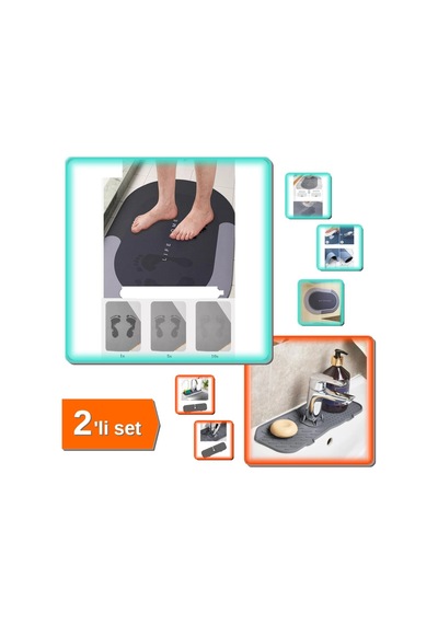 Buççin Online Mağaza Sihirli Su Emici Kaydırmaz Banyo Paspası + Esnek Musluk Lavabo Matı Su Tutucu - 2li Set D7m0g7 Orta Çok Renkli