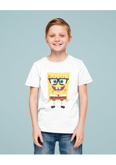 Sevbano Gözlüklü Süngerbob Baskılı Unisex Çizgi Film Çocuk Tişört 1-12 Y Beyaz