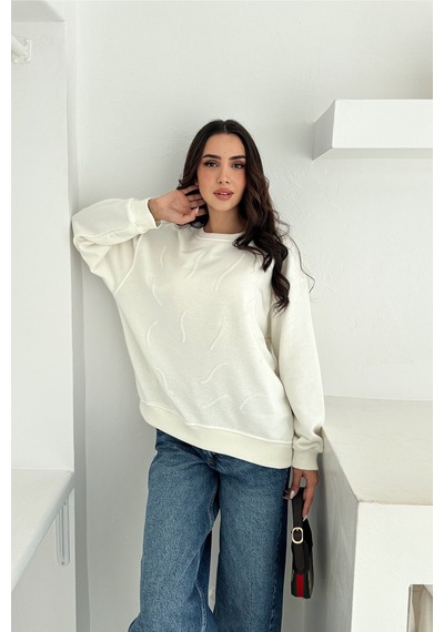 Femelle Kadın Beyaz Boncuk İşlemeli %100 Pamuk Sweatshirt