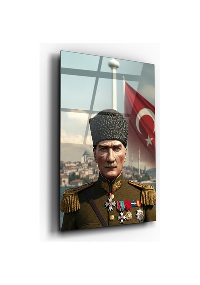 Atatürk Askeri Üniformalı Türk Bayraklı Cam Tablo Mustafa Kemal Atatürk Portresi Ev Ve Ofis Dekoru