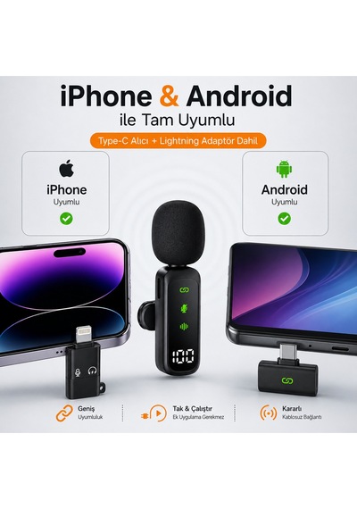 Kablosuz Yaka Mikrofonu Type-c + Lightning Uyumlu İphone & Android Tak Çalıştır Gürültü Azaltma Airmic Ry-wm01