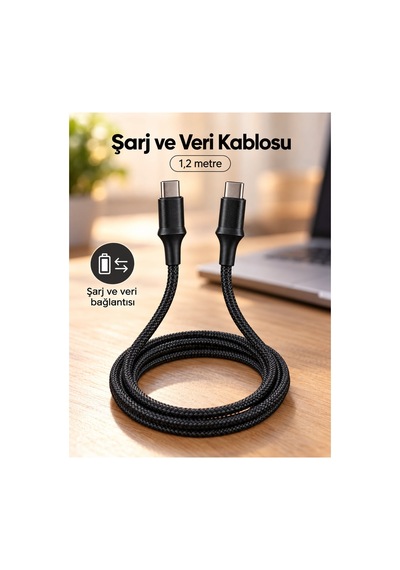 Telefon Ve Tablet İçin Type C To Type C Örgülü Şarj Kablosu Siyah