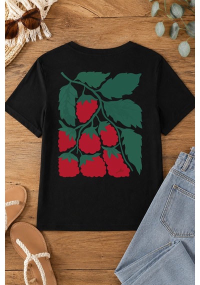 Spoyi Strawberry Tasarımlı %100 Pamuk Yarım Oversize Siyah T-shirt