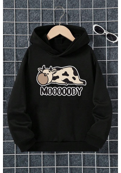 Uyguntarz Mooooody Baskılı Erkek - Kız Çocuk Rahat Kalıp Sweatshirt Siyah