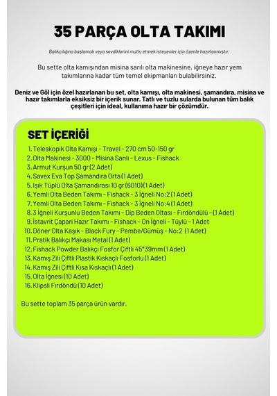 35 Parça Tam Takım Olta Seti - 270cm Kamış 50-150gr / 30'luk Makine Beyaz