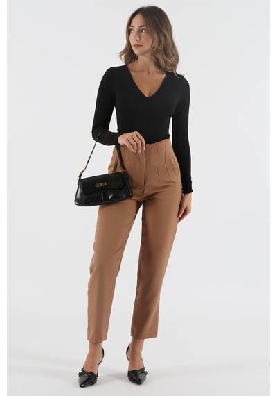 Dokuma Camel Yüksek Bel Kadın Kumaş Pantolon Sh192 S