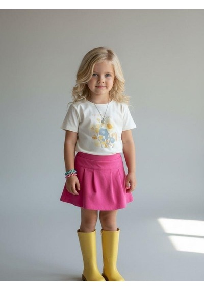 Zekids Kız Çocuk Floral Touch Baskılı Pamuklu T-shirt-16885 Ekru