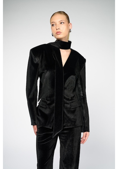 Kadın Siyah Bele Oturan Şal Detaylı Kadife Blazer Siyah