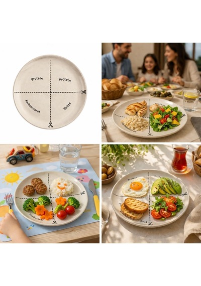 Deinhaus 4'lü Seramik Tabak Seti, Porsiyon Kontrol Tasarımlı, Protein Ve Sebze Bölmeli, Diyet Dostu Çok Renkli