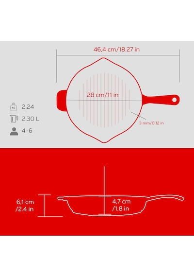 Metal Saplı 28 Cm Kırmızı İç Krem Döküm Yuvarlak Izgara Tava Belirtilmemiş
