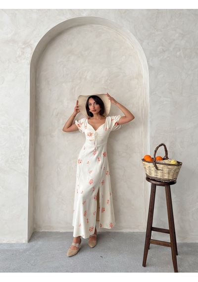 Verymoda Nakışlı Keten Görünümlü Elbise D2901 Oranj