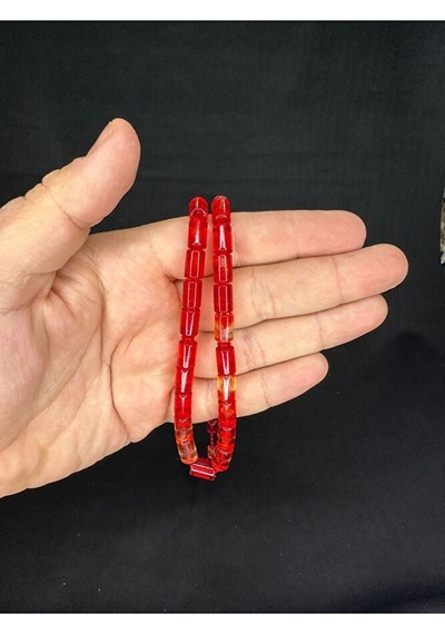 Toz Kehribar Tesbih Kırmızı Renkli Kesme Kesim 11mmx7.5mm T-670