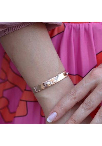 Zirkon Taşlı Rose Gold Kaplama Melek Gümüş Kelepçe Gümüş