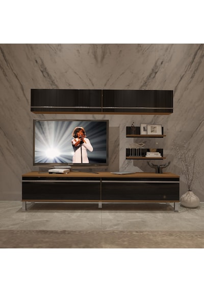 Decoraktiv Eko 5 Mdf Std Krom Ayaklı Tv Ünitesi Tv Sehpası Ceviz - Siyah
