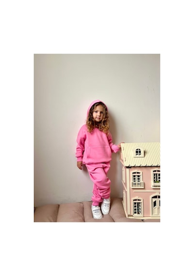 Heyadventure Kız Çocuk Eşofman Takımı Kanguru Cepli Kapüşonlu 3 İplik Şardonlu Pembe Pembe