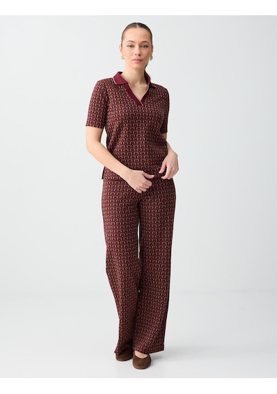 Jimmy Key Bordo Geometrik Desenli Polo Yaka Kısa Kollu Örme Bluz 6sw036586562