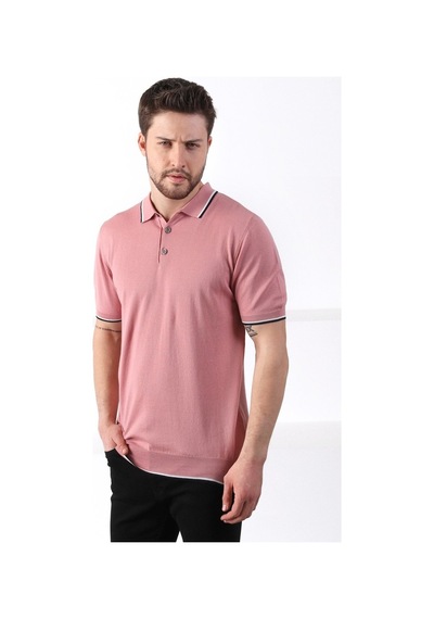 Ferraro Gül/Beyaz Yaka Şerit Düğmeli Erkek Pamuk Triko T-Shirt
