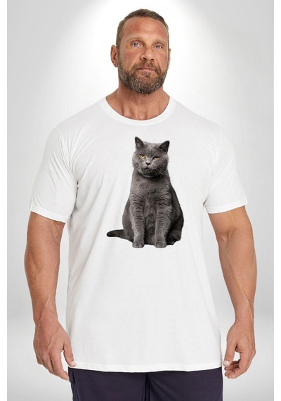 Angemiel British Shorthair Kedi Beyaz Büyük Beden Kadın Erkek Ünisex Basic Ön Baskılı Tişört Beyaz