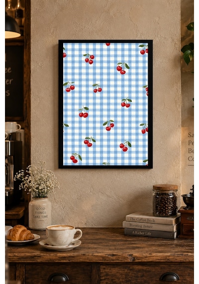 Kareli Zeminde Kirazlar Desenli Dekoratif Mdf Tablo, Çerçeve Görünümlü Ahşap Poster