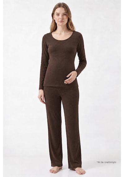 Cottonill Premium - Serene Collection Kahverengi Yüksek Bel Bol Paça Rib Dokulu Viskon Hamile Pijama Takımı