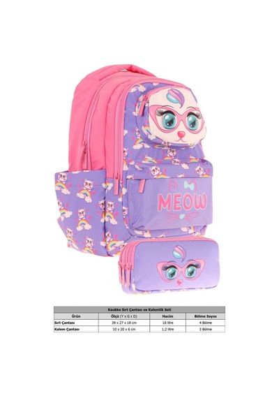 Kaukko Kids Toys Kız Çocuk Mor Pembe 3d Kedi Şekilli İlkokul Çantası Ve Kalemlik Seti L5236+l8236 Mor - Pembe