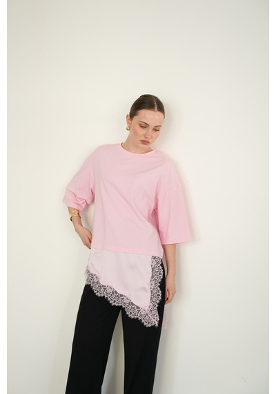 Verymoda Dantel Ve Saten Detaylı Asimetrik Tişört D2942 Pembe