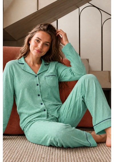 Nisanca Bayan Kışlık Welsoft Peluş İnci Düğmeli Pijama Takımı 'ipeksi Doku' İndigo