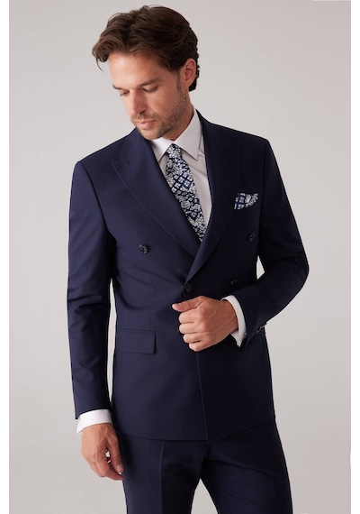 Erkek Lacivert Slim Fit Kruvaze %100 Yün Takım Elbise