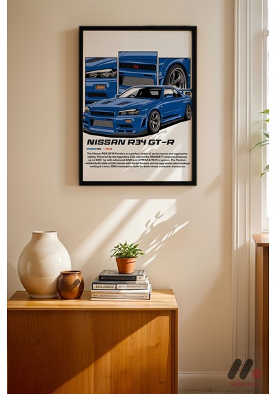 Nissan Skyline R34 Gt-r Mavi Jdm Poster, Siyah Çerçeveli Duvar Tablosu - Oto Severlere Özel Hediye