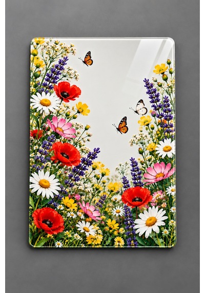 Gökçeoğlu Cam Kesme Tahtası Çiçek Bahçesi Temalı - Cam Kesme Tablası 30cm X 40cm Çok Renkli
