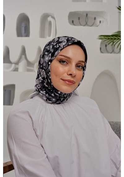Afvente Çiçek Desen Gri Soft Pamuk Eşarp
