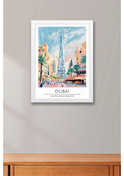 Dubai Temalı Çerçeveli Tablo Travel Serisi Modern İllüstrasyon Bae Şehir Duvar Dekoru Beyaz