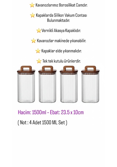Akasya Kapaklı 4 Lü Cam Saklama Kavanoz Seti Mien 4'lü 1500 Ml Kare, Akasya Kapaklı, Kulp Detaylı Set Kahverengi - Şeffaf