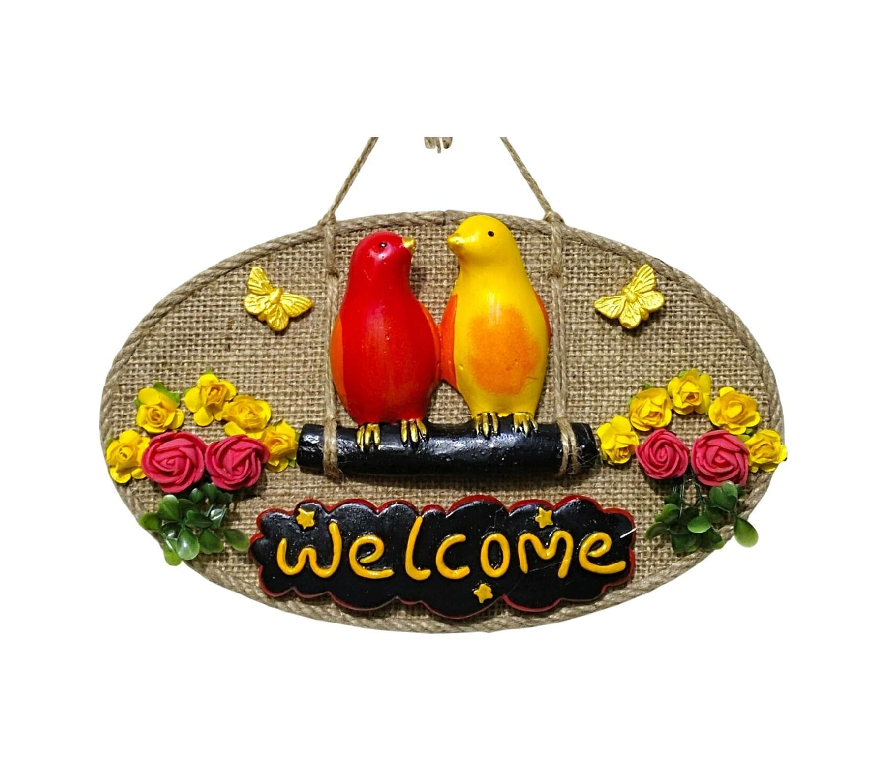 Dekoratif Welcome Kapı Süsü Sarı Kırmızı Kuş Ve Çiçek Temalı, Jüt İpli El Yapımı Kapı Süsü