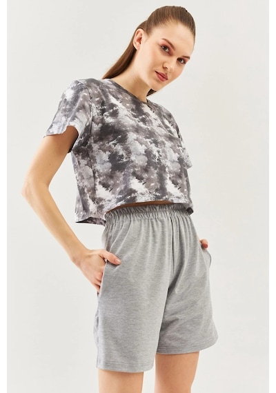 Kadın Oversize Rahat %100 Pamuklu Penye Bisiklet Yaka Kısa Kol Basic Crop T-shirt Batik Gri