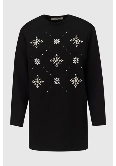Kadın Yuvarlak Yaka Taşlı Sweatshirt - Siyah Siyah