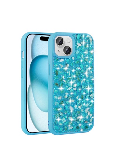 Apple Uyumlu iPhone 15 Plus Kılıf Parlak Taşlı Tasarım Zore Linea Kapak Mavi Açık