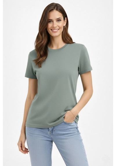 Kadın Bisiklet Yaka Yazlık Kısa Kol Düz Tişört Regular Kalıp T-shirt - Mint Yeşili