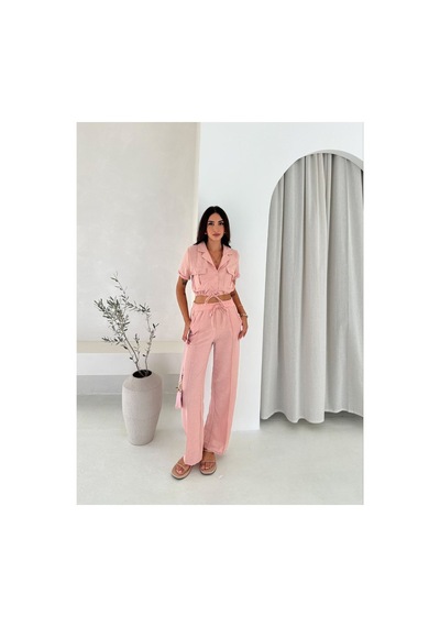 Wellway İthal Keten Kumaş İplik Detaylı Crop Gömlek & Pantolon İkili Takım -pembe Pembe