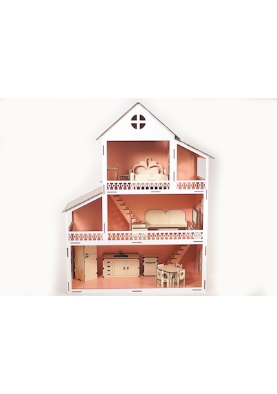 Wood Kids Toys Mobilyalı Ahşap Bebek-Çocuk Oyun Evi Seti