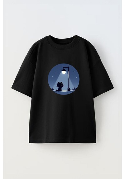 Thewert Unisex Gece Kedisi Tasarım Baskılı Pamuk Sıyah Oversize T-shirt Siyah