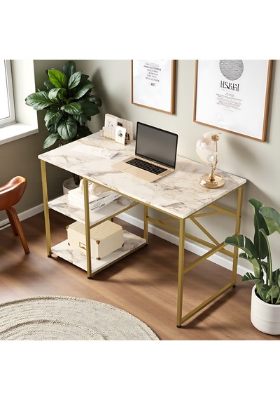 Robin Home Gold Metal Çalışma Masası Raflı 120cm Mermer Desen Mermer
