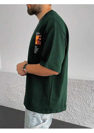 Unisex Nefti Yeşil Oversize Mantenha Baskılı Örme T-shirt Nefti Yeşil