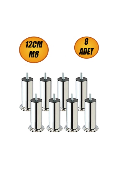 Baza Koltuk Kanepe Mobilya Yatak Çekyat Ayağı Diş Metrik 8 Mm Krom Metal Ayakları 12 Cm 8 Adet. Gri