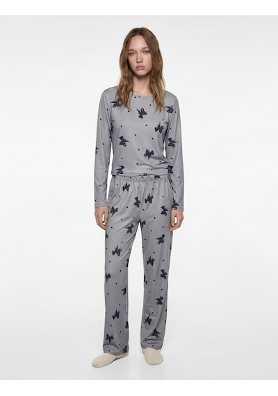 Koton Fiyonk Desenli Rahat Kesim 2'li Pijama Takımı Gri Desenli 6wlk40263mk