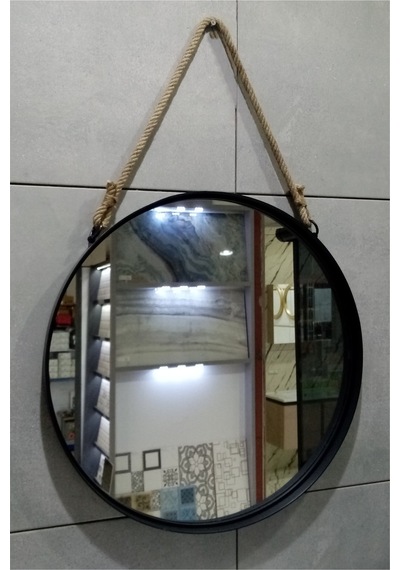 Dekoratif 45 Cm Metal Çerçeve Halat Askılı Ayna Mat Siyah