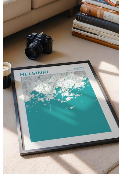 Helsinki Finlandiya Finland Haritası Çerçeveli Tablo Lüks Salon Ofis Duvar Dekorasyonu Tablo